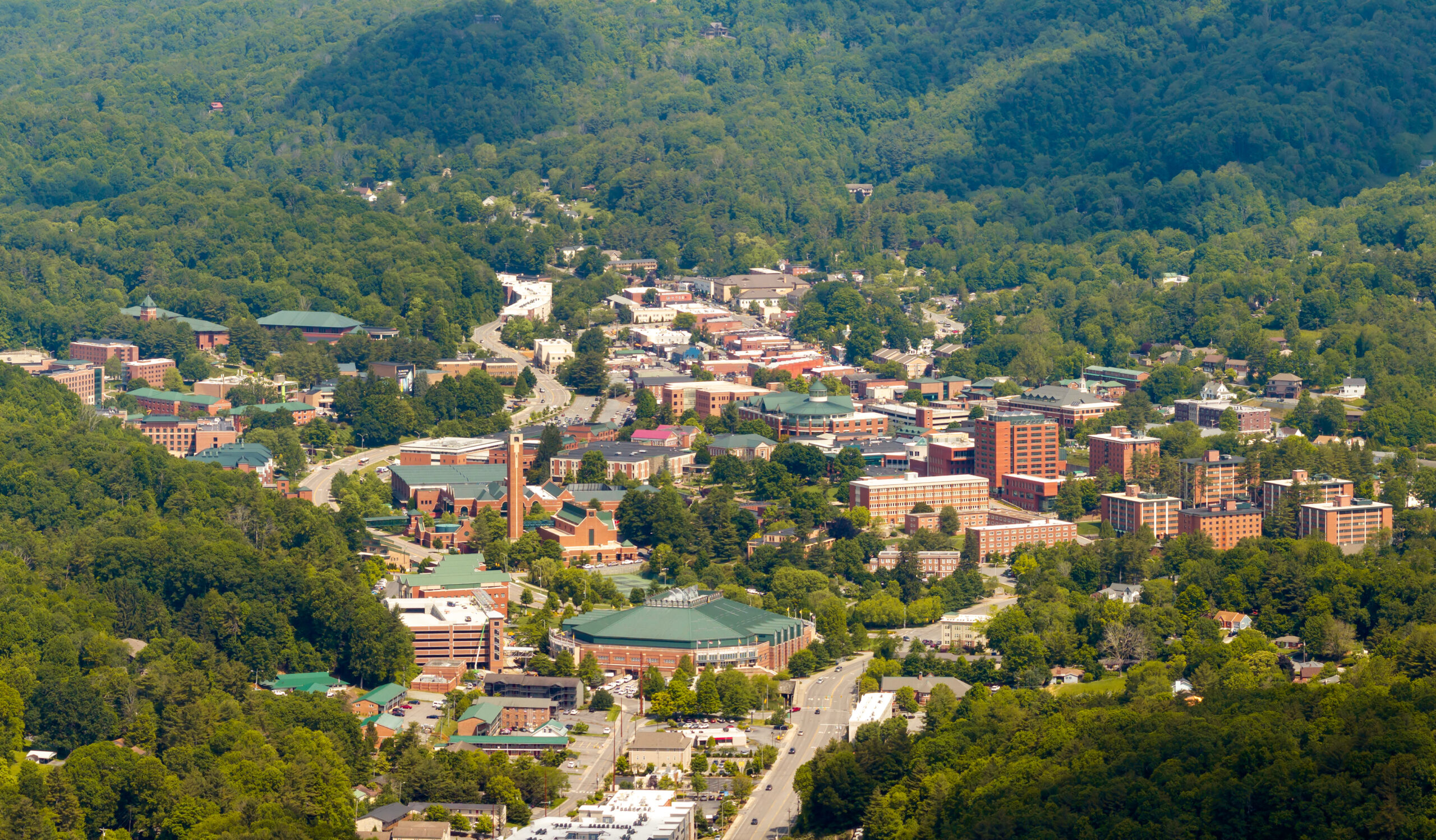Boone, North Carolina. American architecture with streets and historical buildings in Blue Ridge Mountains. Popular tourist destination.